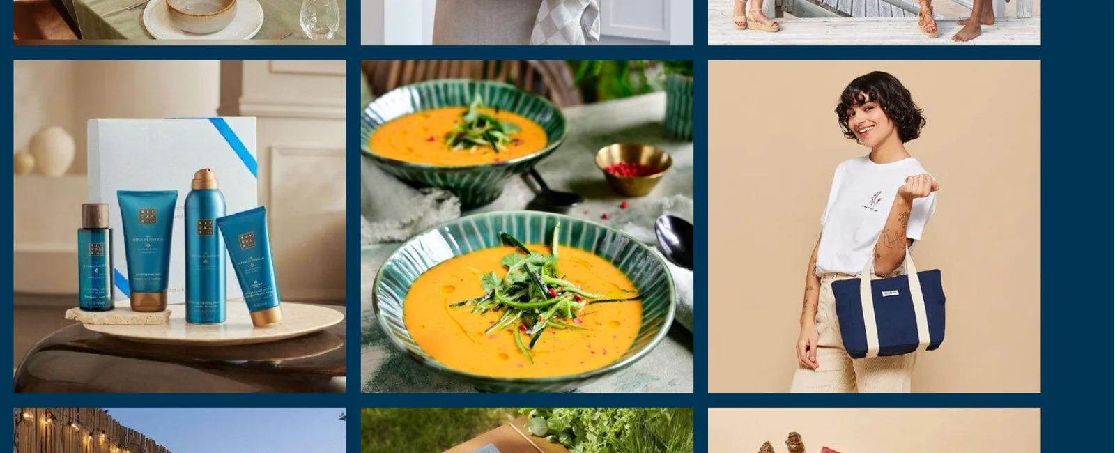 Een raster met geschenken uit de inspiratiegids: verzorgingsset, servies, reistas en sfeerverlichting