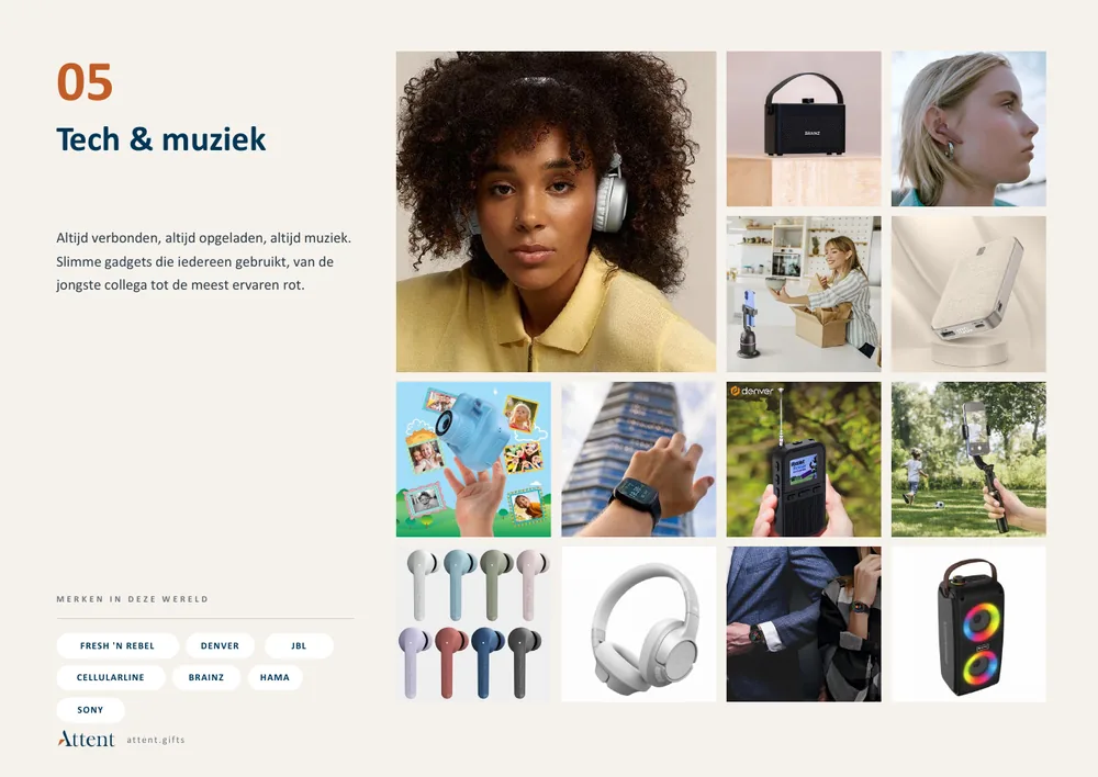 Bladzijde Tech en muziek uit de inspiratiegids, met koptelefoons, speakers en oplaadtoestellen